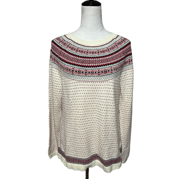 Talbots Sweater Womens Large Cream Red Lambswool Blend Fair Isle Nordic Hearts - Picture 2 of 9